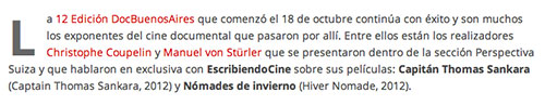 « Perspectiva Suiza en el 12 DocBuenosAires » Escribiendo Cine, Ximena Brennan, 24 octobre 2012
